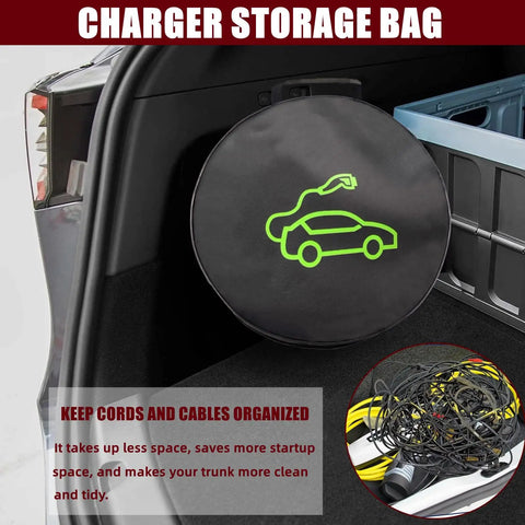 Slick EV Cable Carrier Bag For Electric Vehicle Charging Cables And RV Sewer Hose Organizer, black round design in trunk.