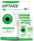 Front view of OPTASE TTO Eyelid Cleansing Wipes box, 20-count, preservative-free tea tree oil formula, green eye graphic.