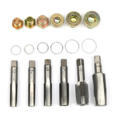 114 Piece Oil Pan Drain Sump Plug Key Thread Repair Tool Kit Set For Your Ride Upkeep Includes taps and oil drain plugs.