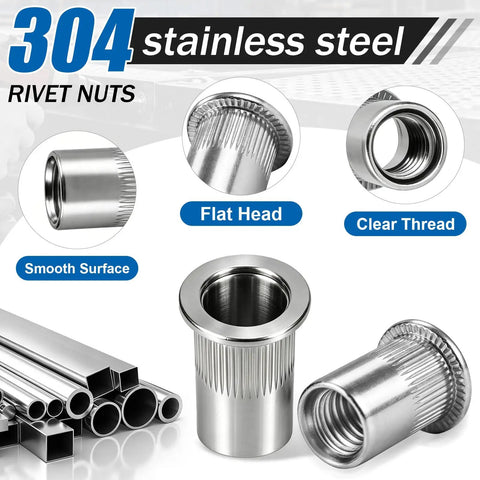 Built Tough 304 Stainless Steel Rivnuts 5/16 Flat Head Knurled Nutserts highlighting flat heads and smooth surfaces.