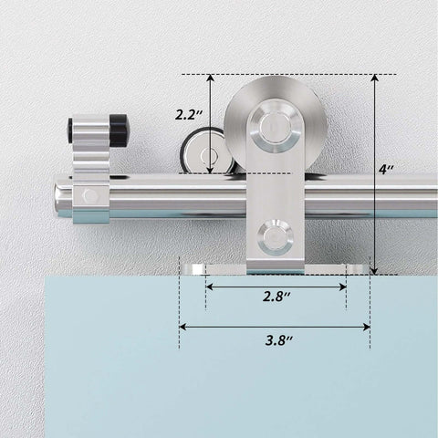 Close-up view of 6Ft Top Mount Sliding Barn Door Hardware Kit with stainless steel track, rollers, and measurements visible.
