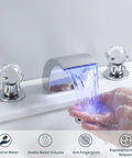 LED Waterfall Bathroom Faucet With Temperature Sensitive Light, 8 Inch Widespread 3 Hole Vanity Tap, water flow display.