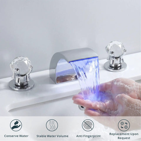 LED Waterfall Bathroom Faucet With Temperature Sensitive Light, 8 Inch Widespread 3 Hole Vanity Tap, water flow display.