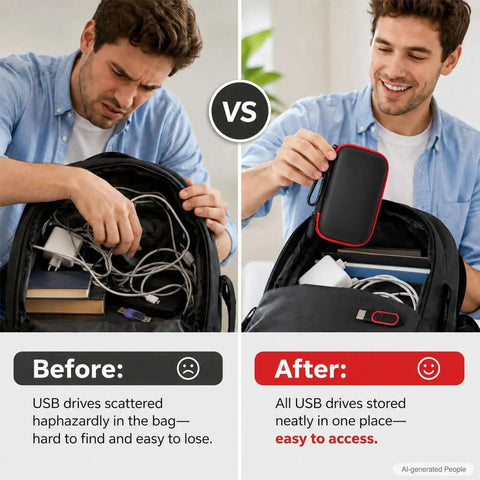 Rock Solid USB Stick Case And Thumb Drive Holder Clutch Tech Storage Pouch For SanDisk Kingston Drives shown in backpack for easy access.