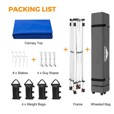 Pop Up Canopy Tent With Wheeled Carry Bag For Easy One Person Setup components including stakes, ropes, weight bags, and frame.