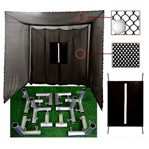 10x10x10 Golf Practice Net With UV Treated Baffle Net Target And Steel Frame Corner Kit, shown assembled outdoors.