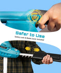 Close-up of 20V Cordless Pole Hedge Trimmer With 16 Inch Dual Action Blade showing safety lock and blade cover.