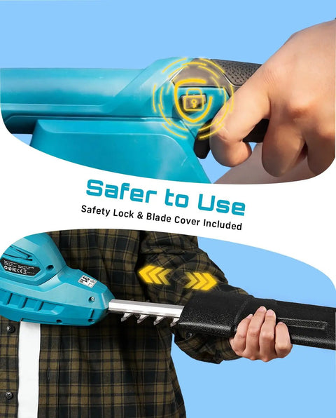 Close-up of 20V Cordless Pole Hedge Trimmer With 16 Inch Dual Action Blade showing safety lock and blade cover.