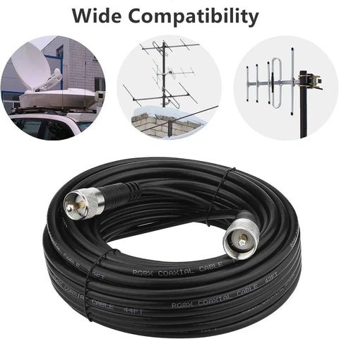 18 Foot RG8X Coax Cable For CB Ham Radio Setup, Waterproof Low Loss UHF PL259 Male To Male Connector, coiled with compatibility icons.