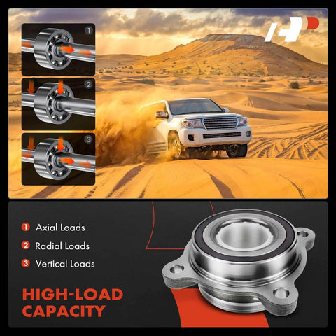 Two Pack Front Wheel Bearing And Hub Assembly For Toyota Tundra Sequoia Land Cruiser And Lexus LX570 Beefed Up Heavy Duty High Load Capacity OE Replacement Front Hubs To Fit 2007 To 2020 Models displayed with SUV on sandy terrain.