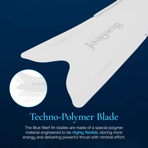 Close-up of non-vented blade on freediving fins with full foot design for snorkeling, clear finish, size 39-40.