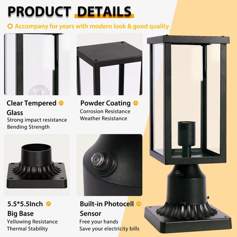 Outdoor Post Light Auto On Sensor 120V Aluminum Waterproof Lantern For Garden Yard Patio Pathway With Pier Mount Base Built Tough No Fuss All Weather Exterior Lighting