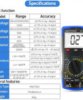 Garage Ready Automotive Engine Analyzer Multimeter With NCV, displays specifications for DC voltage, AC voltage, and more.