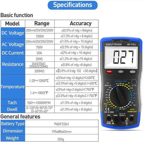 Garage Ready Automotive Engine Analyzer Multimeter With NCV, displays specifications for DC voltage, AC voltage, and more.