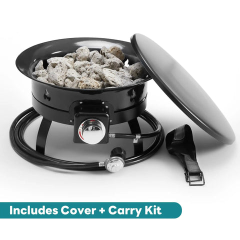 19 Inch Portable Propane Fire Pit Smokeless Round Fire Bowl With Cover And Carry Kit 58,000 BTU with accessories shown