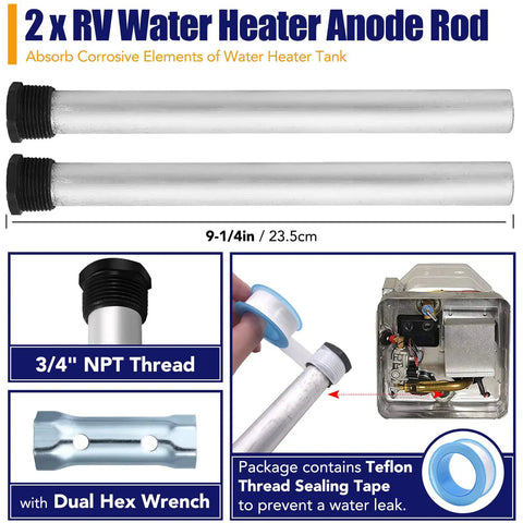 Rock Solid Rv Camper Rig Service Kit Featuring A Durable Mag Anode Rod And Flexible Flush Wand For Hot Water Tanks Paired With A Sturdy Hex Wrench For No Sweat Sediment Removal, includes two 9-1/4 inch anode rods.