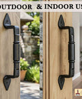 Mystic Colonial Rustic Cast Iron Barn Door Handles Set Of 2 In Black Finish installed on wooden doors, suitable for indoor and outdoor use.