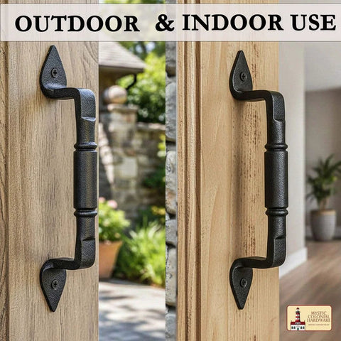 Mystic Colonial Rustic Cast Iron Barn Door Handles Set Of 2 In Black Finish installed on wooden doors, suitable for indoor and outdoor use.