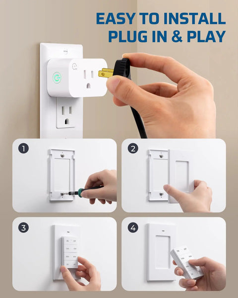 Zero Fuss Remote Control Outlet Timer Featuring Smart Countdown Modes shown during simple plug and play installation steps.
