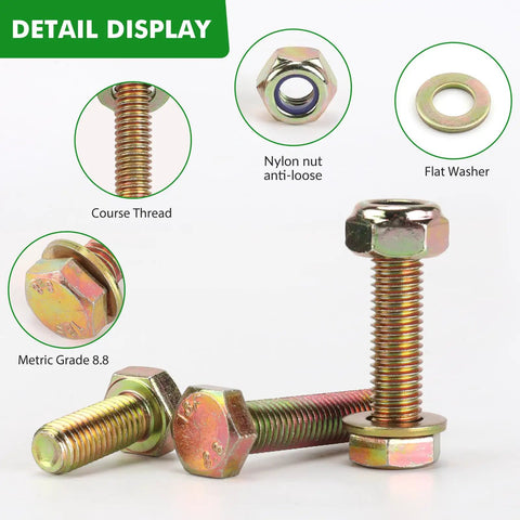 1020Pcs Metric Hex Bolt And Nylon Locknut Assortment Kit Packed With Grade 8.8 Alloy Steel And Zinc Galvanized Washers for automotive repairs, featuring course thread and flat washers.