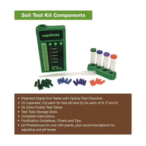 Rapitest Digital Soil Testing Kit With LED Readout, tubes, capsules, and instructions for pH and nutrients testing at home.
