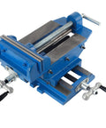 Heavy Duty Cross Slide Drill Press Vise With Six Inch Max Jaw Opening Built Tough Cast Iron Workhorse showing precision threads and blue finish.