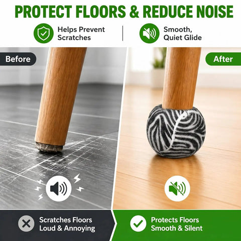 24 Pack Cool Zebra Stripe Furniture Tennis Ball Floor Protectors For Chair And Desk Legs showing before and after use on floors