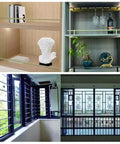 Collage of interior shelves with decor and windows with black grills