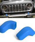 Front Bumper Tow Hook Covers For Wrangler JK JL Gladiator TJ 2007-2024, 2Pcs Blue Rubber Protectors on Jeep front view