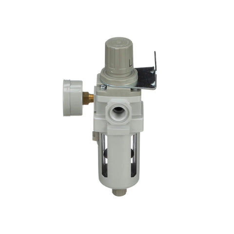 Front view of PneumaticPlus SAW400-N04BG air filter regulator piggyback, 1/2 in NPT, poly bowl, manual drain, bracket