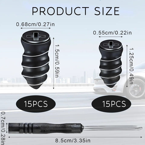 Product size details of 30 Pcs Tire Repair Nails Self Tapping Screws Rubber Screws Self Service Tire Repair Kit for car and motorcycle.