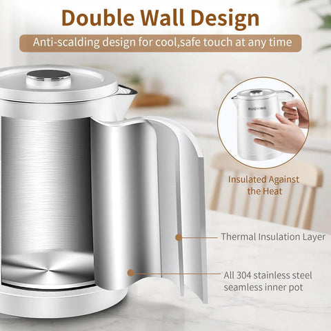 Grab And Go Travel Ready Electric Kettle 0.8L, Ultra Portable Double Wall Stainless Steel Boiler With 304 Food Grade Seamless Inner Tank, 120V 1000W Fast Boil, Auto Shutoff, Boil Dry Protection, White, showing double wall design.