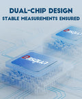 Dual-chip design ensuring stable measurements for precision tools, two Dasqua branded chips displayed on a circuit background.