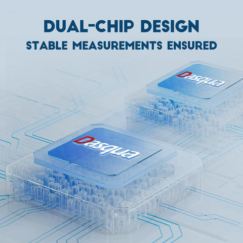 Dual-chip design ensuring stable measurements for precision tools, two Dasqua branded chips displayed on a circuit background.