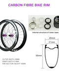 Carbon Fiber 700C Road Wheel Set With Mid Lock Disc Brakes, 28 Hole, 1850g Per Pair, showing rims and internal structure.