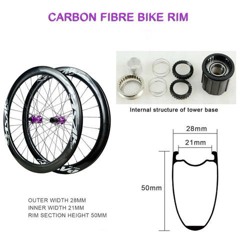 Carbon Fiber 700C Road Wheel Set With Mid Lock Disc Brakes, 28 Hole, 1850g Per Pair, showing rims and internal structure.