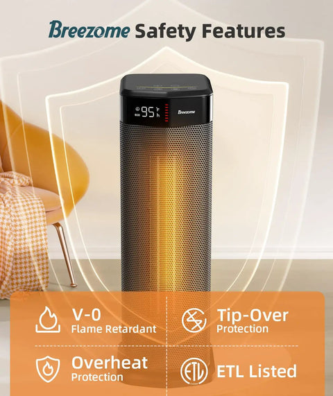 Powerful 1500W Space Heater For Indoor Use With Fast Ceramic PTC Heating featuring safety features in a living room setting