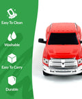 Front view of red Ram Truck Toy With Trailer Hitch Realistic One Twenty Scale Farm Vehicle For Kids 6666 Ranch Four Sixes Ranch toy set.