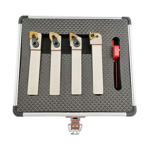 5/8 Inch CNC Lathe Indexable Turning Tool Holder Set With Nickel Plated Finish Includes 4 Carbide Inserts And 3 Wrenches