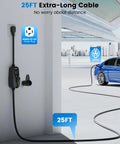 Heavy Duty Level 2 Ev Charger With 24 Amp Adjustable Output For Electric Vehicles Includes Dual Voltage Plugs, 25FT cable in garage.