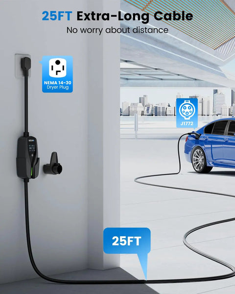 Heavy Duty Level 2 Ev Charger With 24 Amp Adjustable Output For Electric Vehicles Includes Dual Voltage Plugs, 25FT cable in garage.