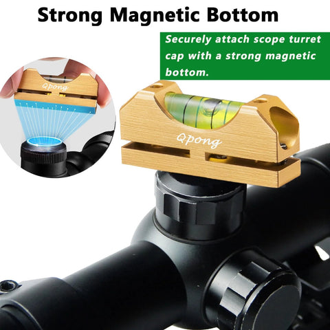 Qpong scope leveling kit installed on rifle scope; gold aluminum body with bubble level and magnetic bottom.