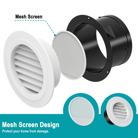 Six Inch Soffit Vent Cover Round ABS Louver With Built In Screen For Attic, Bathroom, Garage And Dryer Duct Ventilation 150mm White
