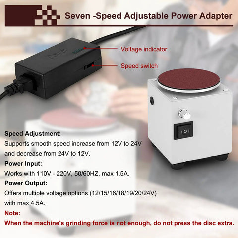 Do It All 4 To 6 Inch Mini Disc Sander And Bench Grinder With Bidirectional Stepless Speed Control 0 To 6000 RPM Forward And Reverse For Wood Metal Stone And More 6 Inch Sanding Disc Tool, showing voltage adapter with seven-speed settings and voltage indicator, close-up view.