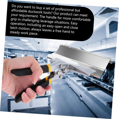 Heavy Duty Hand Seamer Tool For Ductwork Bending And Steel Plate Folding held in hand, showcasing grippy ergonomic handle in an industrial setting.