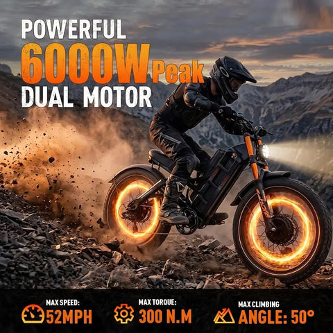 2026 Romeo Pro 3 Fat Tire Electric Bike For Adults in action on rugged terrain, showcasing 6000W dual motors and powerful torque.