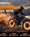 Beast Mode Dual Motor Electric Bike For Adults With Loaded Cargo Rack And Massive Battery cruising on rocky terrain.