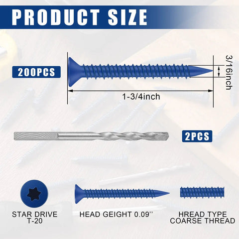 Built Tough 200 Piece Concrete Screws 3/16 X 1-3/4 Inch Blue Star Drive Masonry Anchors with two pilot drill bits for diverse use.