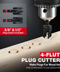Badass 25 Piece Countersink Drill Bit Set With Self Centering Bits And Wood Plug Cutters showing 4-flute plug cutters on wood.