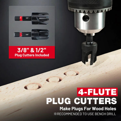 Badass 25 Piece Countersink Drill Bit Set With Self Centering Bits And Wood Plug Cutters showing 4-flute plug cutters on wood.